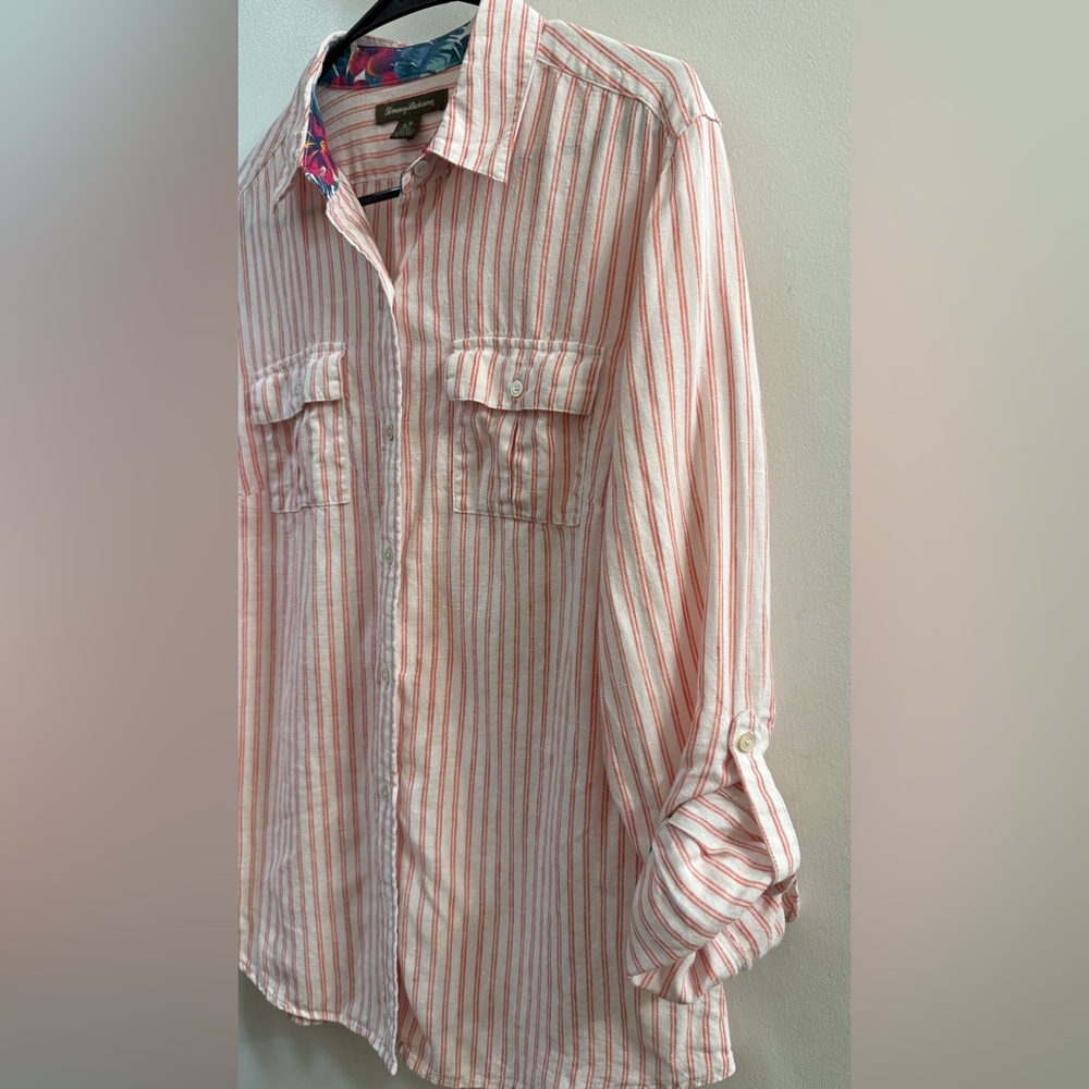 Tommy Bahama Pink Striped 100% Linen Button Down Shirt Small Petite SP - Picture 6 of 11